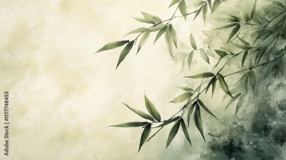 custom made wallpaper toronto digitalElegant Watercolor Painting of Bamboo Leaves on Beige Background