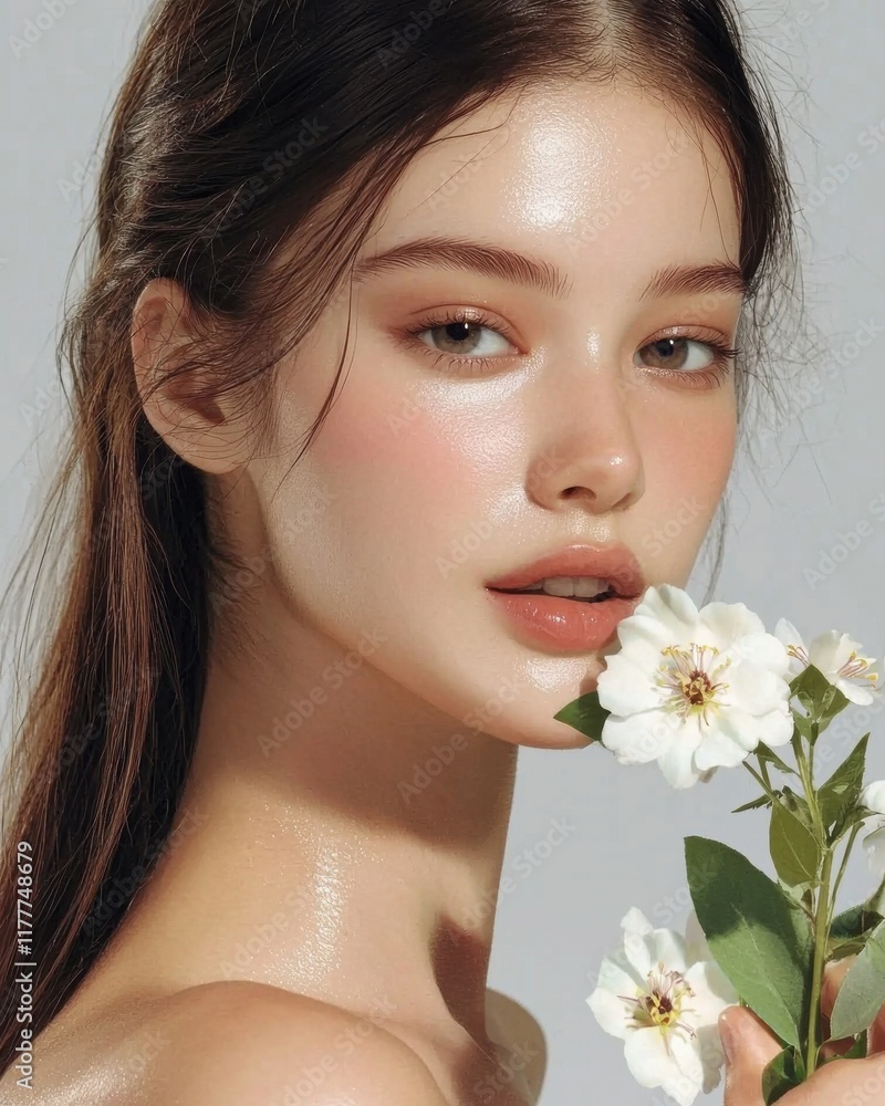 Woman holding fresh flowers with healthy skin in soft light natural portrait in studio beauty concept for wellness Woman holding fresh flowers with healthy skin in soft light natural portrait in studio beauty concept for wellness