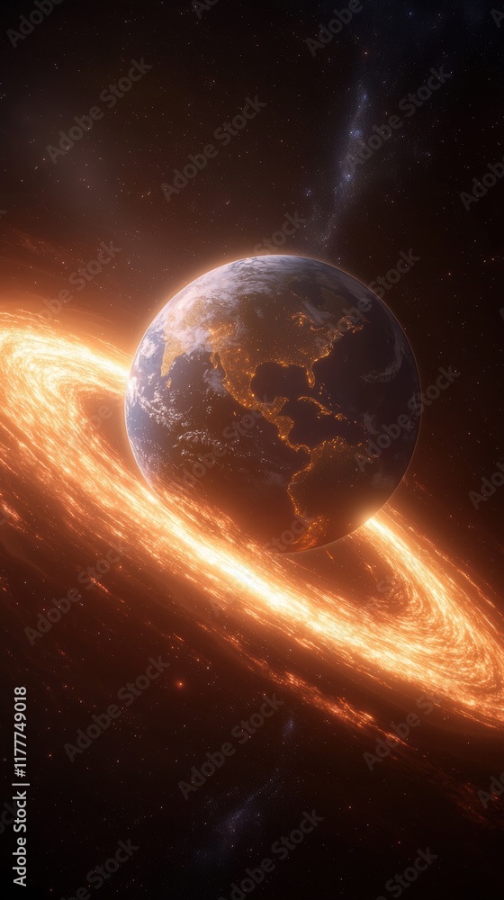 Obraz premium Majestic view of earth surrounded by glowing beams in space visual artwork cosmic environment stunning perspective