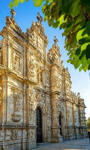 Ornate church facade, sunny Spain, trees, person