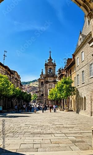Ornate archway views sunny city street, church tower, tourists