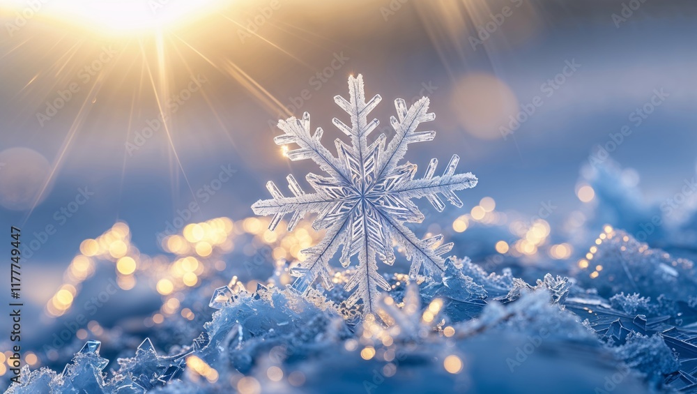 Intricate snowflake resting on icy surface with sunlight shining in the background Intricate snowflake resting on icy surface with sunlight shining in the background