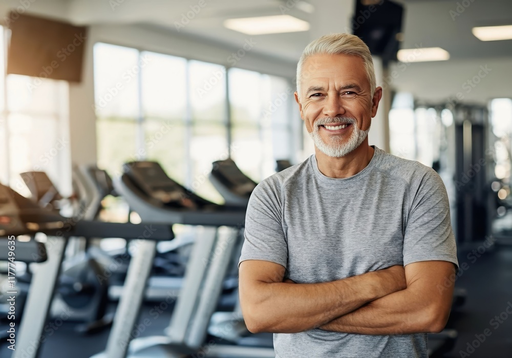 Fototapeta premium Mature caucasian male in gym workout setting with treadmills