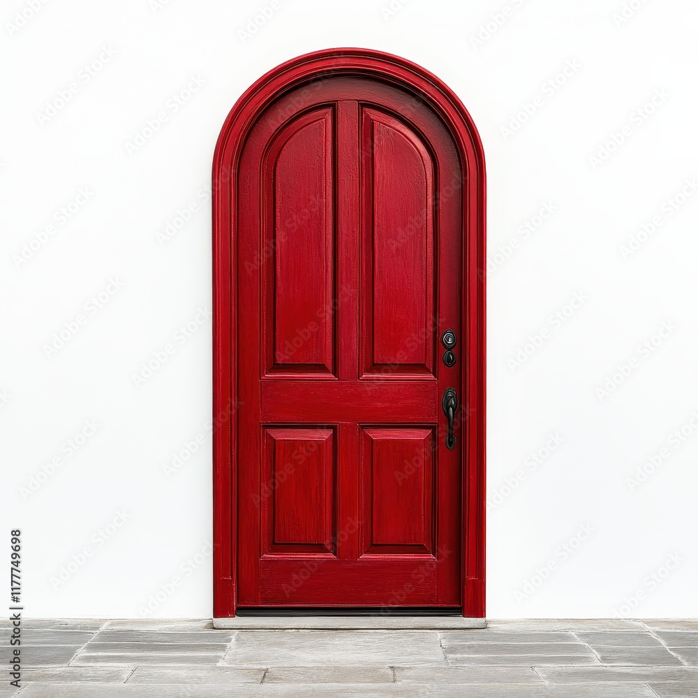 Elegant Red Door with Arched Top on White Wall Elegant Red Door with Arched Top on White Wall