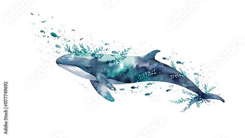 cartoon anime serene watercolor whale swimming through a dreamy ocean filled with plankton watercolor style 