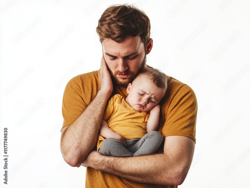 A tender moment captured with a father cradling his sleeping baby, showcasing love, calmness and the precious bond between parent and child in a serene atmosphere. A tender moment captured with a father cradling his sleeping baby, showcasing love, calmness and the precious bond between parent and child in a serene atmosphere.