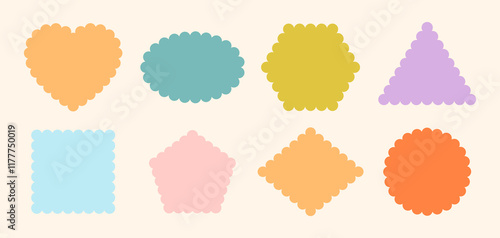 Frames Scalloped Vector Corrugated Shapes Set. Scallop Frame Wavy Retro Stickers Collection. Zig Zag Edge Geometric Borders Tag Boxes. Wiggle Line Design Sign Backgrounds. Isolated