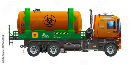 Heavy Truck tanks containing toxic waste radioactivity biological hazard 3D vector illustration