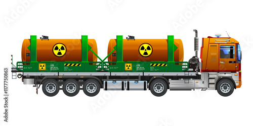 Heavy Truck with double tanks containing toxic waste radioactivity biological hazard 3D vector illustration