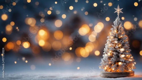 Frosted Christmas tree decorated with lights and soft bokeh background