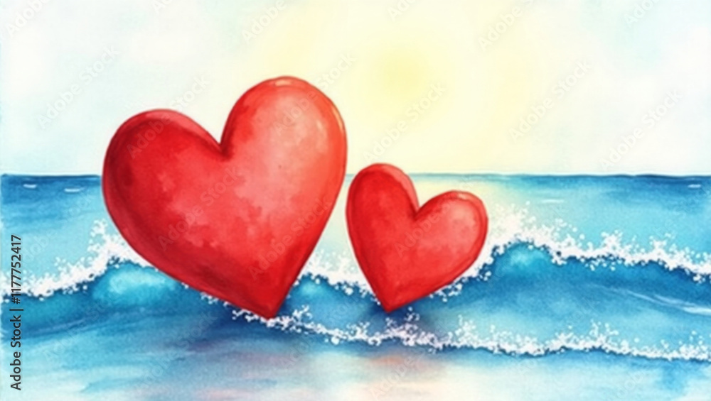 Fototapeta premium Red hearts floating on ocean waves during a bright sunny day at the beach