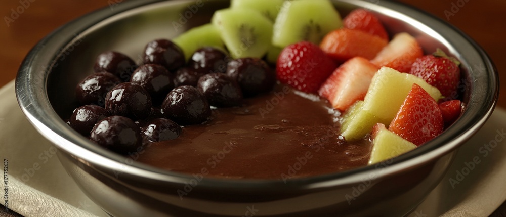 A Luxurious chocolate fondue served with fresh strawberries, kiwi, and grapes, creating delightful dessert experience A Luxurious chocolate fondue served with fresh strawberries, kiwi, and grapes, creating delightful dessert experience