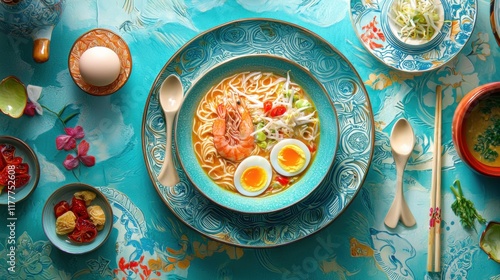 Delicious Laksa from Malaysia, spicy coconut curry noodle soup with shrimp and vegetables, vibrant colors, cultural cuisine photo