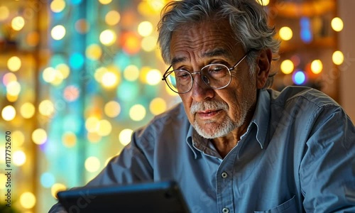 Elderly Man Using Tablet with Focused Expression, Surrounded by Technology and Greenery. A Serene Moment of Digital Engagement for the Aging Generation