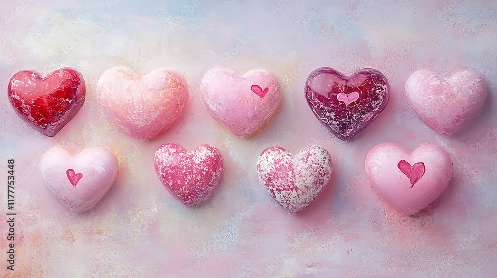 Obraz premium A variety of hearts filled with pastel pink and love on a smooth background