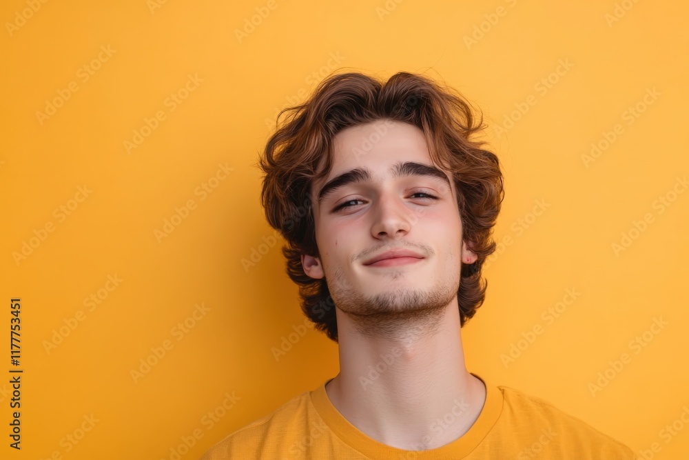 Smiling Young Man with Wavy Hair Against a Bright Yellow Background Smiling Young Man with Wavy Hair Against a Bright Yellow Background