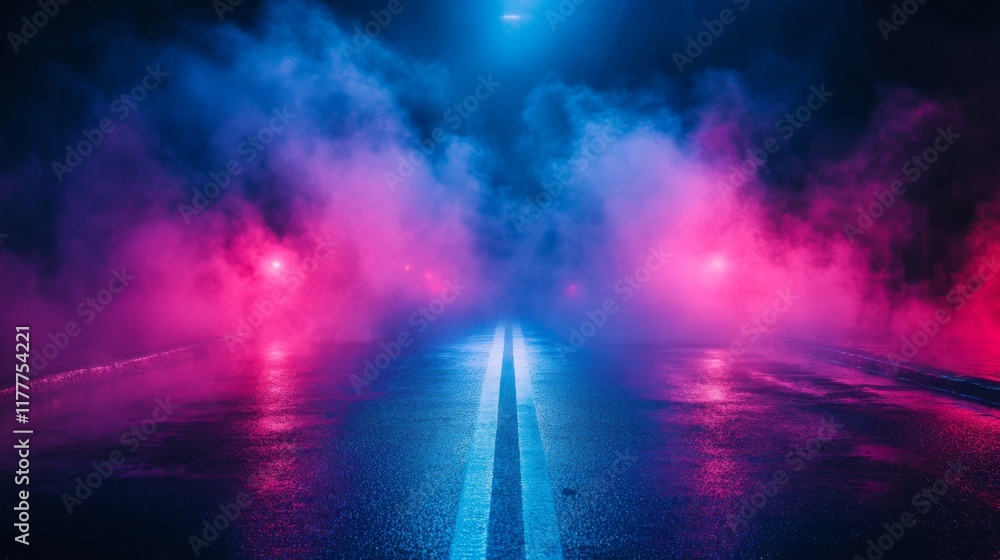 Neon Lit Road at Night with Smoke and Reflections Neon Lit Road at Night with Smoke and Reflections