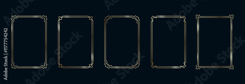 Golden Frames Set. Thin Line Gold Borders Luxury Minimalist Collection. Premium Vector Brass Outline Geometric Rectangles. Linear Decorative Banners with Black Background Isolated