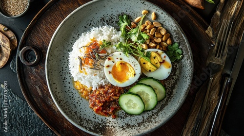 Delicious Nasi Lemak from Malaysia, traditional Malaysian dish, vibrant colors, cultural cuisine photo