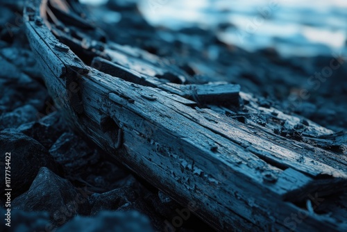 Weathered wooden shipwreck remnants rest on a rocky shore, a testament to time and the sea's relentless power. photo