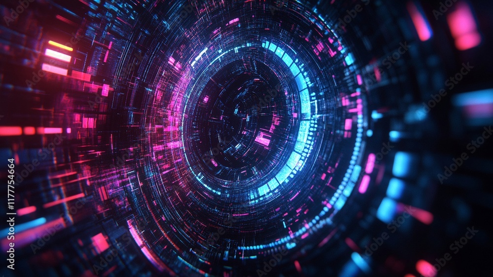 A Futuristic digital tunnel with vibrant blue and pink lights, creating mesmerizing effect A Futuristic digital tunnel with vibrant blue and pink lights, creating mesmerizing effect