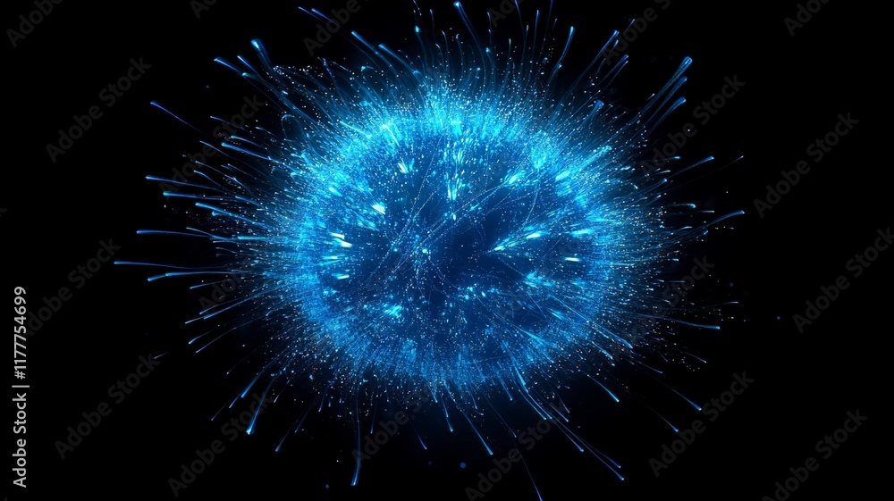 Obraz premium A vibrant blue sphere with dynamic rays and particles radiating outward, creating stunning visual effect
