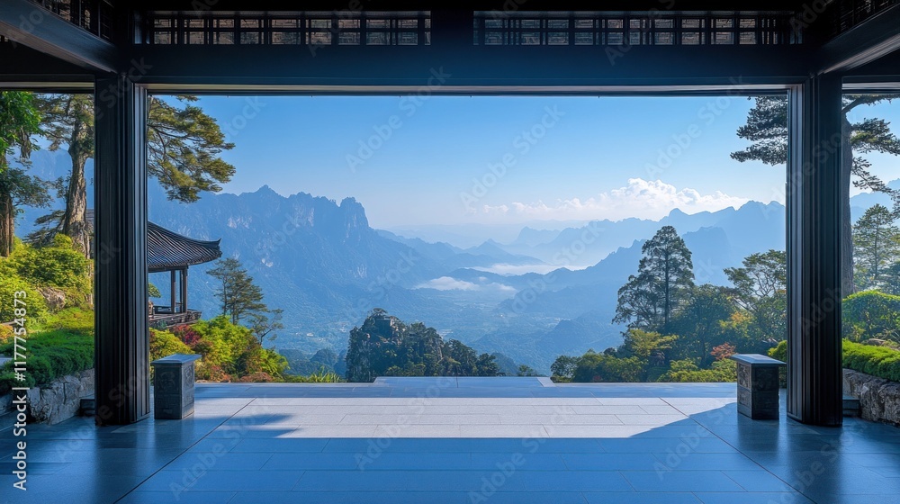 Fototapeta premium View of misty mountains from a pavilion.