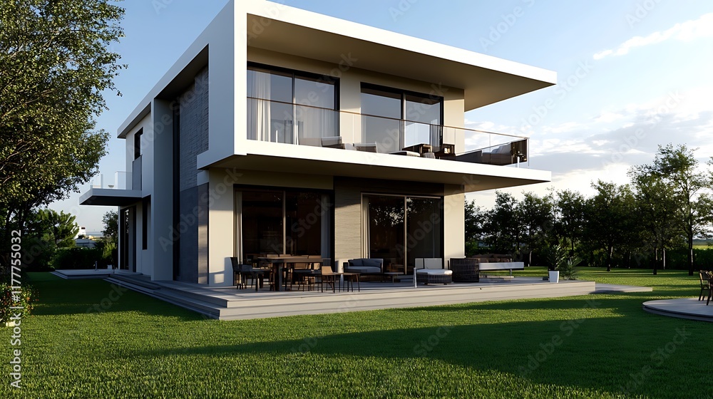 Elegant Modern House with Relaxing Outdoor Space on a Sunny Day Elegant Modern House with Relaxing Outdoor Space on a Sunny Day
