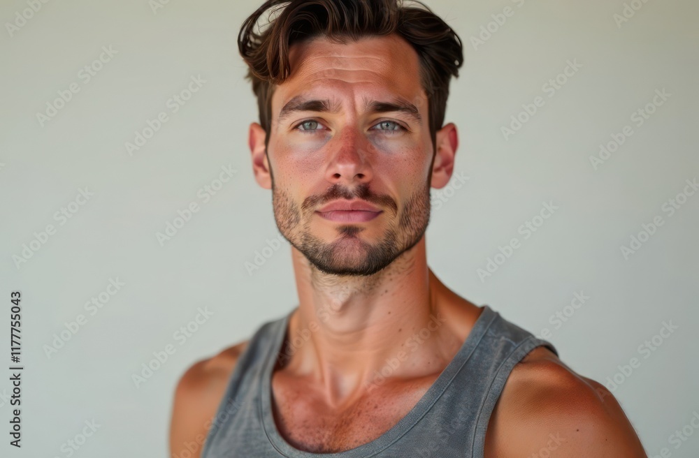 portrait of man with beard and short hair wearing gray tank top against neutral background. casual style and confident expression. lifestyle, fashion portrait of man with beard and short hair wearing gray tank top against neutral background. casual style and confident expression. lifestyle, fashion