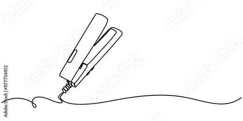  Hair Straightener Continuous Line Icon, Double barrel curling iron continuous line drawing. One line art of home appliance, curly hair, styling, hairdressing supplies, hair straightener single line. 