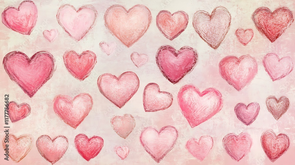 Fototapeta premium A variety of hearts in pastel pink filled with love scattered on a gentle background