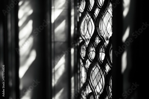 Black and white photo of a stained glass window, sunlight casting shadows on the wall.