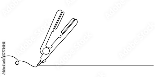  Hair Straightener Continuous Line Icon, Double barrel curling iron continuous line drawing. One line art of home appliance, curly hair, styling, hairdressing supplies, hair straightener single line. 