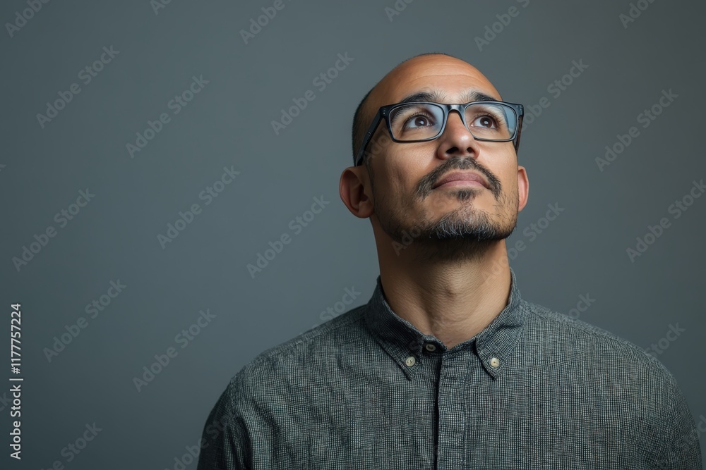 Obraz premium Thoughtful Man in Glasses Looking Upward Against a Gray Background