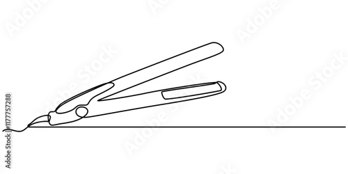  Hair Straightener Continuous Line Icon, Double barrel curling iron continuous line drawing. One line art of home appliance, curly hair, styling, hairdressing supplies, hair straightener single line. 