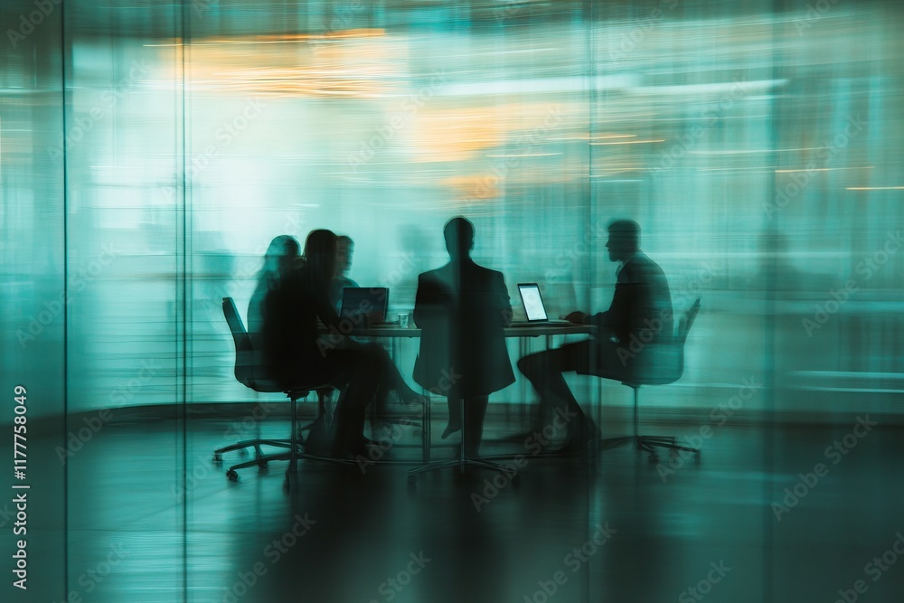 Modern Boardroom Collaboration: Professionals Sharing Ideas with a Blurred Glass Partition Setting. Modern Boardroom Collaboration: Professionals Sharing Ideas with a Blurred Glass Partition Setting.