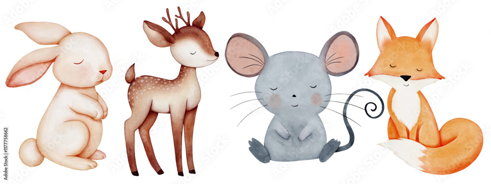 Fototapeta premium Wild animals. Set of wild watercolor animals. Fox, deer, mouse, hare, rabbit.