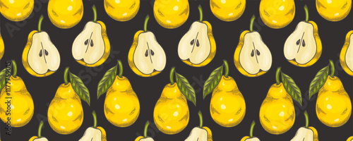Seamless pattern of yellow pear with leaves on a blask background. Hand-drawn pears pattern. Vegan food, fruit background. Colorful background texture for kitchen, wallpaper, textile.