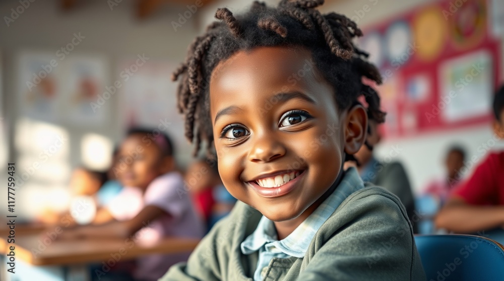 Joyful Young Boy Smiling in Classroom Setting with Classmates in Background Joyful Young Boy Smiling in Classroom Setting with Classmates in Background