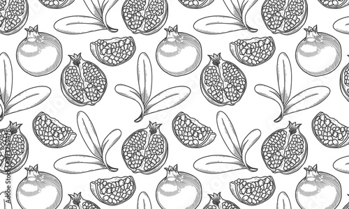 Seamless pattern with pomegranate, half pomegranate, seeds for wrapper, background in stroke style. Line drawing