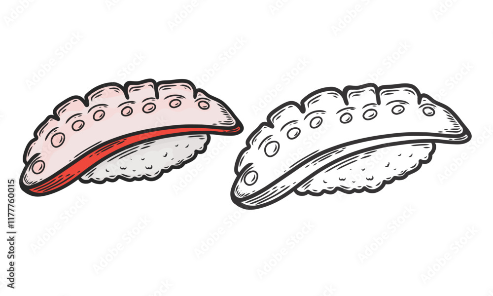 Asian food. Sushi with octopus. Sketch style. Vector hand drawn illustration. Painted sketch Asian food. Sushi with octopus. Sketch style. Vector hand drawn illustration. Painted sketch