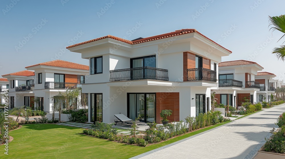 Modern villas in a resort community, featuring white facades, terracotta roofs, and landscaped gardens. Exterior view of luxury townhouses with balconies and patios. Modern villas in a resort community, featuring white facades, terracotta roofs, and landscaped gardens. Exterior view of luxury townhouses with balconies and patios.