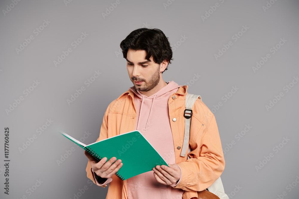 Young man engaged in reading in a modern setting with creative energy Young man engaged in reading in a modern setting with creative energy