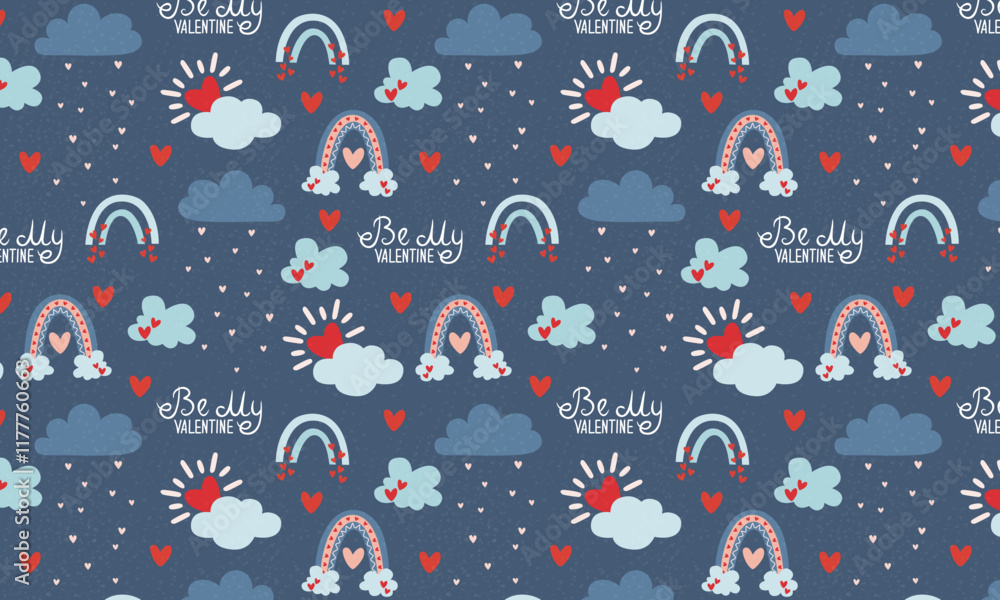 Rainbow seamless pattern. Vector hand drawn rainbow in cartoon scandinavian style for valentines wrapping paper, textile, wallpaper, prints, fabric. Rainbow set with clouds, sunshine, drops, heart. Rainbow seamless pattern. Vector hand drawn rainbow in cartoon scandinavian style for valentines wrapping paper, textile, wallpaper, prints, fabric. Rainbow set with clouds, sunshine, drops, heart.