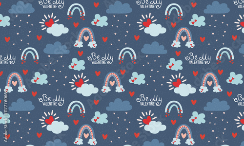 Rainbow seamless pattern. Vector hand drawn rainbow in cartoon scandinavian style for valentines wrapping paper, textile, wallpaper, prints, fabric. Rainbow set with clouds, sunshine, drops, heart.