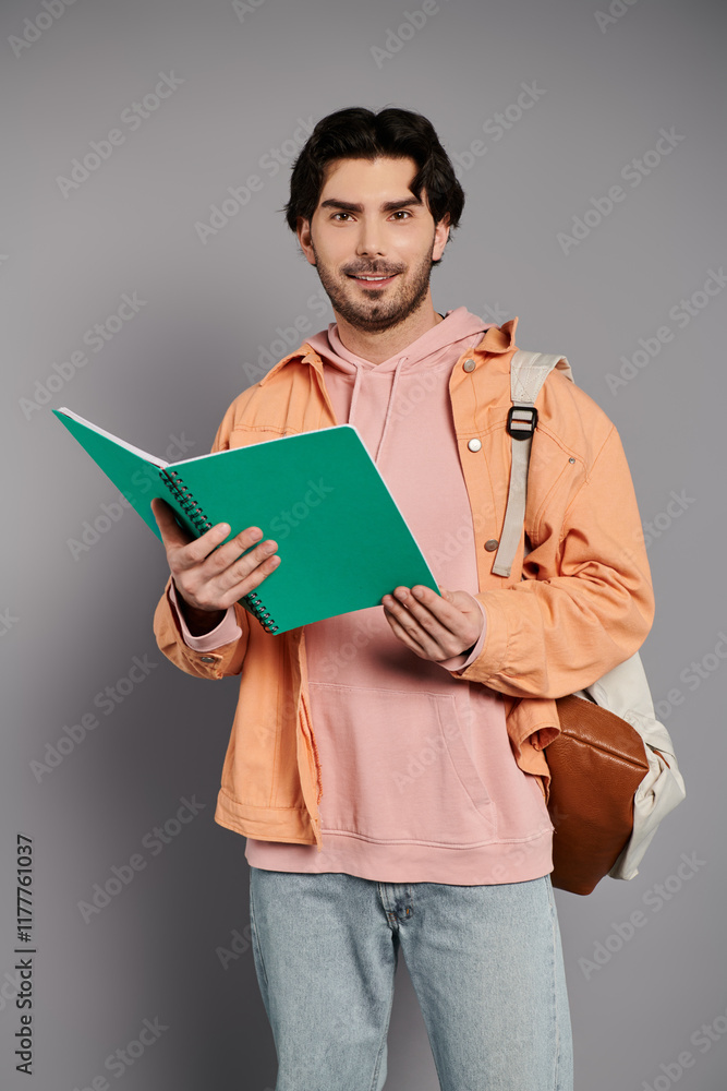 Young man in casual outfit holds notebook with a warm smile against a gray backdrop Young man in casual outfit holds notebook with a warm smile against a gray backdrop