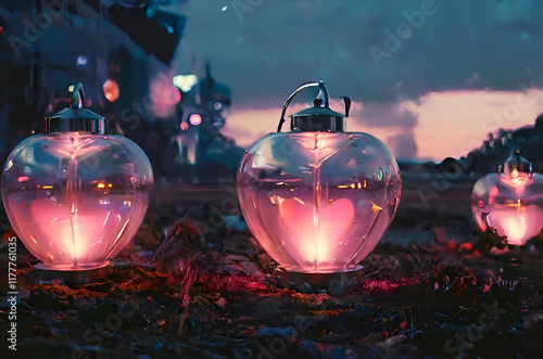 Glowing heart lanterns at dusk in a paceful night photo