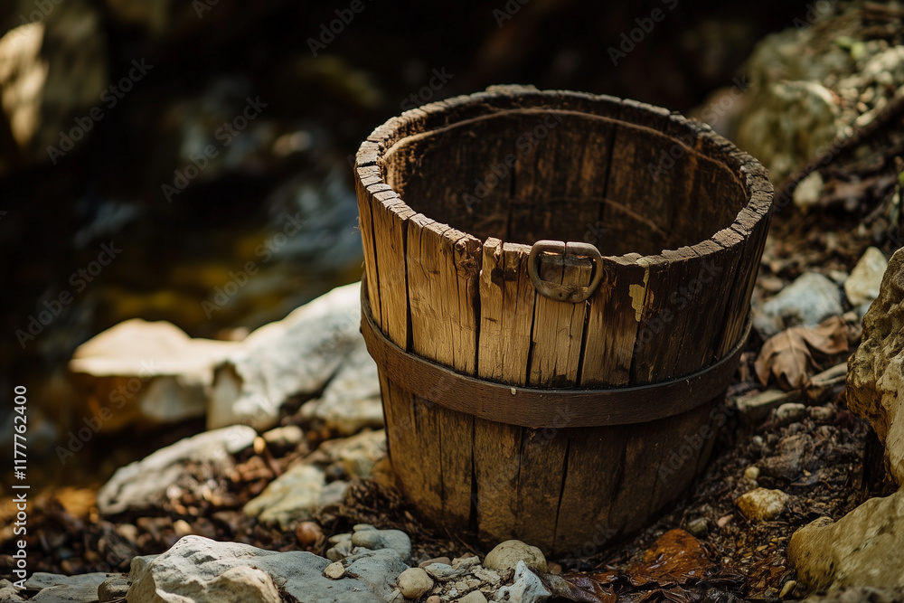 Cracked wooden bucket rests by a stream in a serene natural setting surrounded by stones and foliage Cracked wooden bucket rests by a stream in a serene natural setting surrounded by stones and foliage