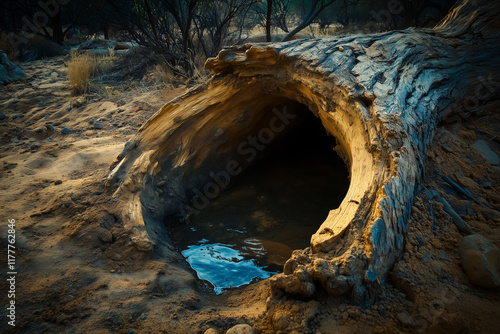 Hollowed-out tree trunk serving as a natural water reservoir in a desert landscape during golden hour photo