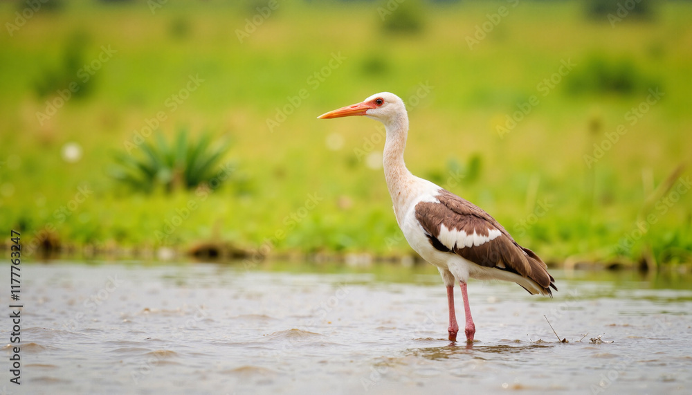 Obraz premium Marabou stork standing by water in lush savannah wetland, nature beauty
